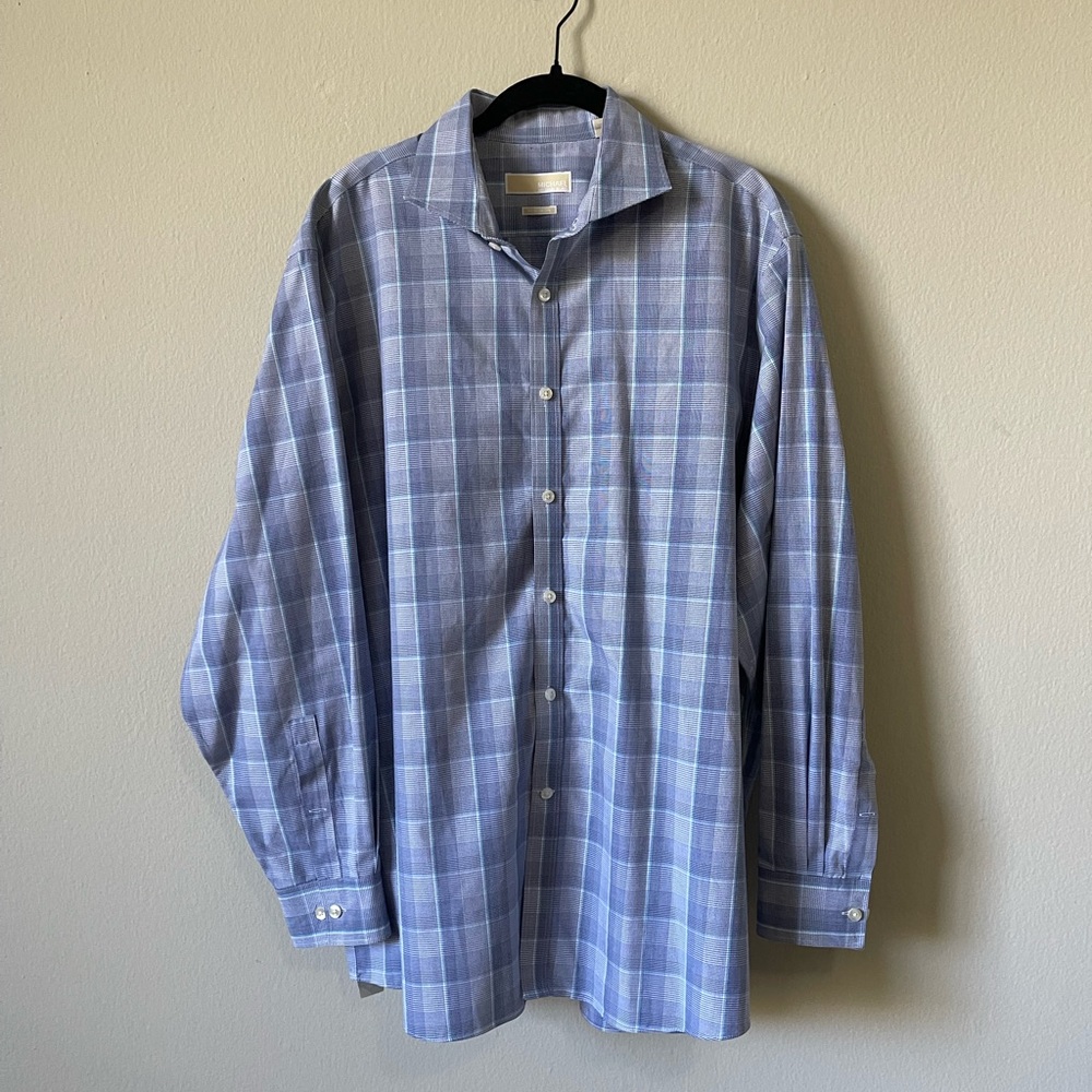 Michael Michael Kors Non Iron Mens Button Down Dress Shirt Blue Plaid 18 34/35